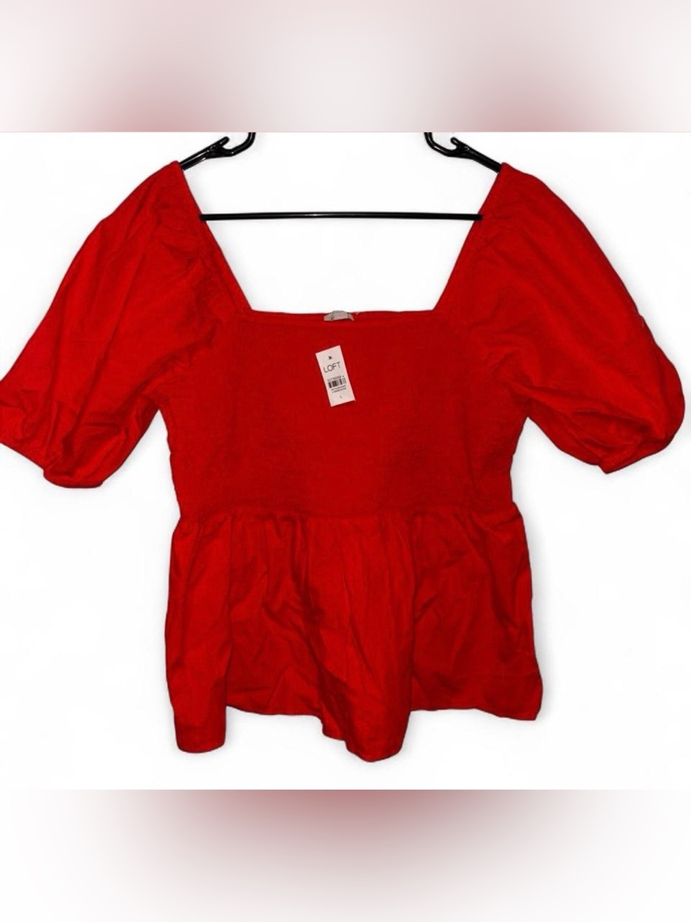 LOFT Bold Red Square-Neck Puff Sleeve Peplum Blouse
